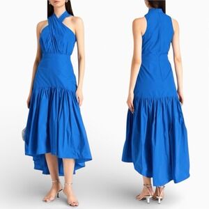 Veronica Beard A-Line Midi Dress in Blue Taffeta Size 0 Crossover Halter Pleated